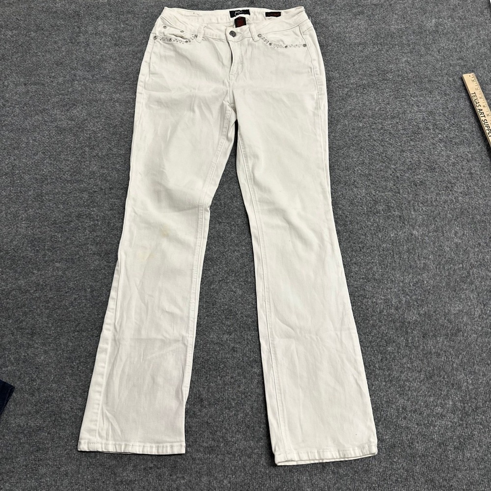 Earl Jean Jeans Womens Size 10 White Slim Bootcut Rhinestone Y2K Viscose Stretch